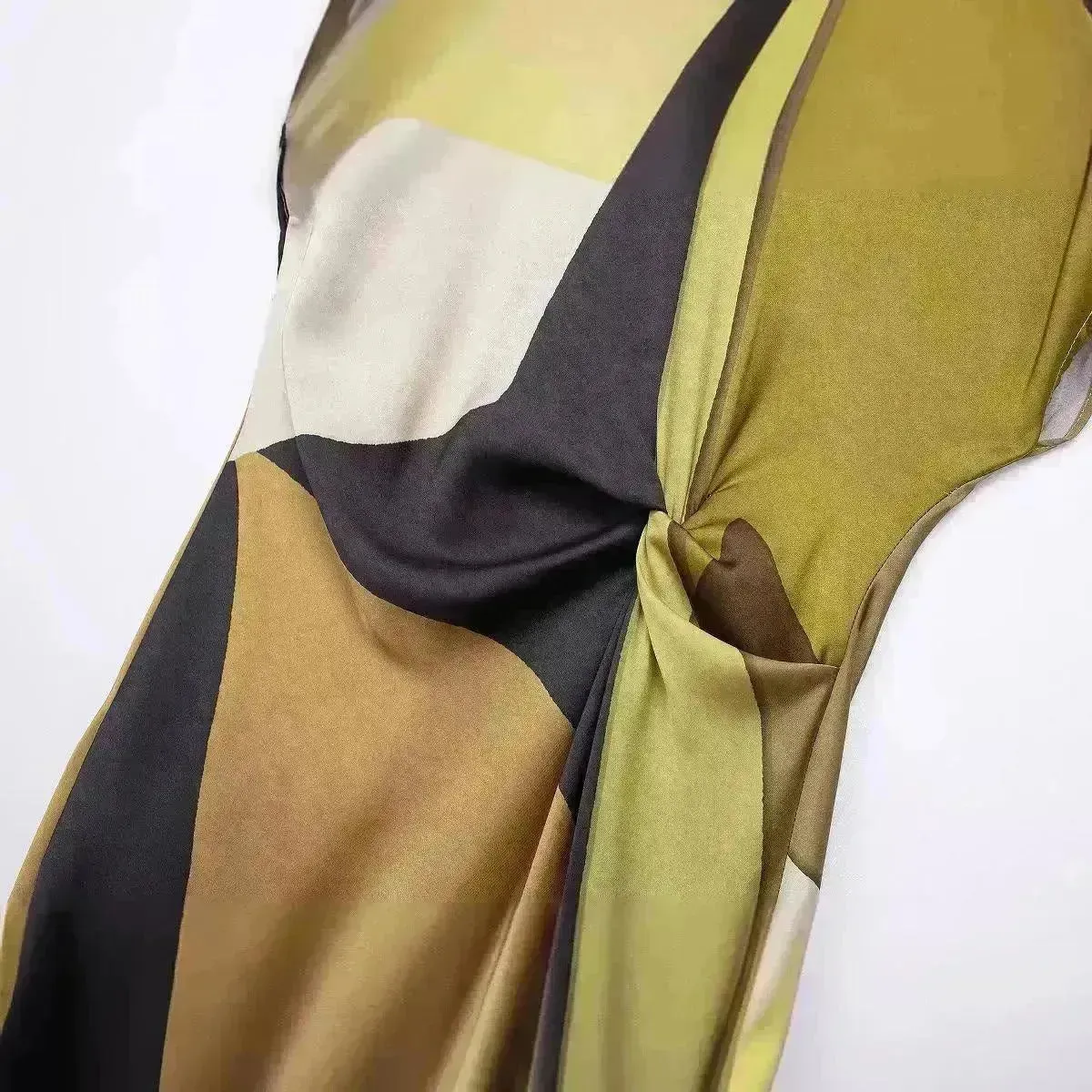 Women's Silk Satin Texture Printing Midi  Dress
