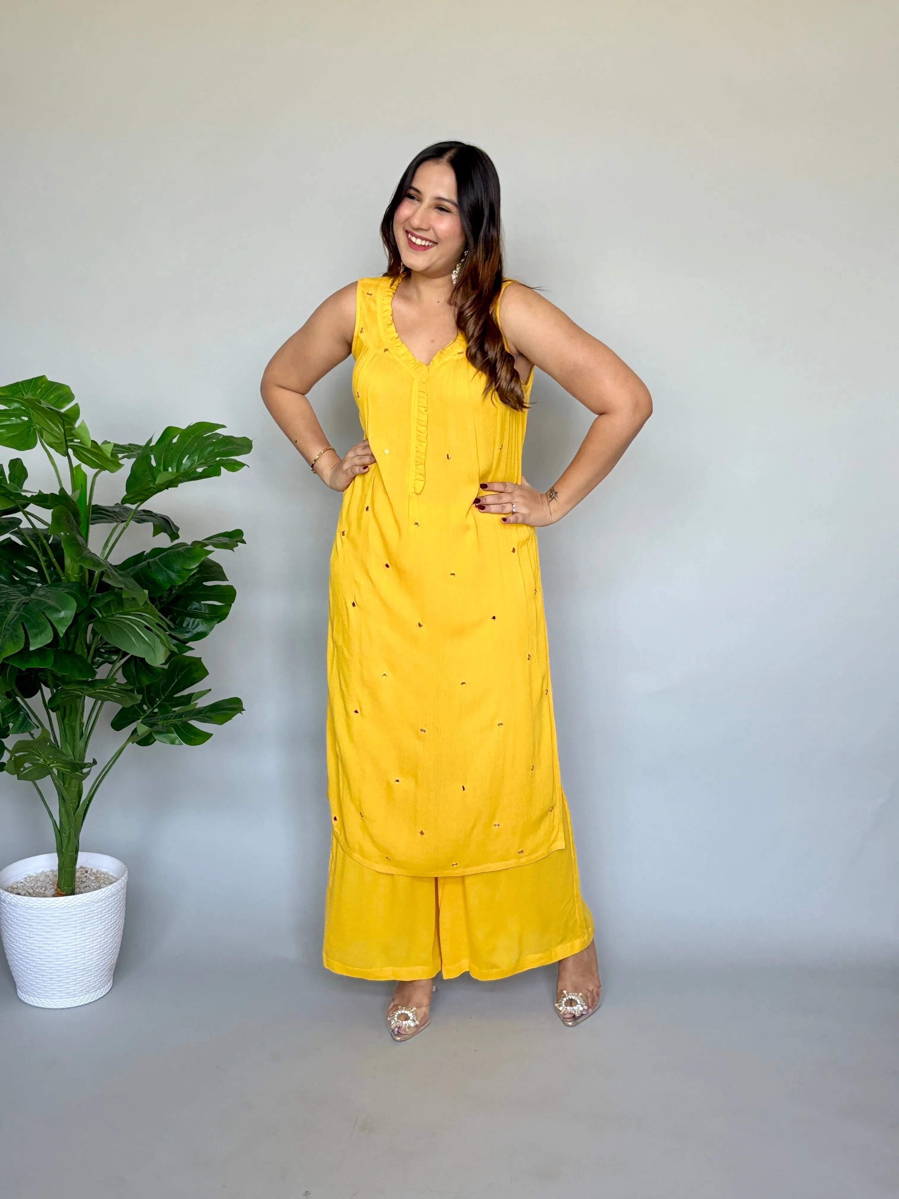 Yellow Co-ord Set with Mirror-work