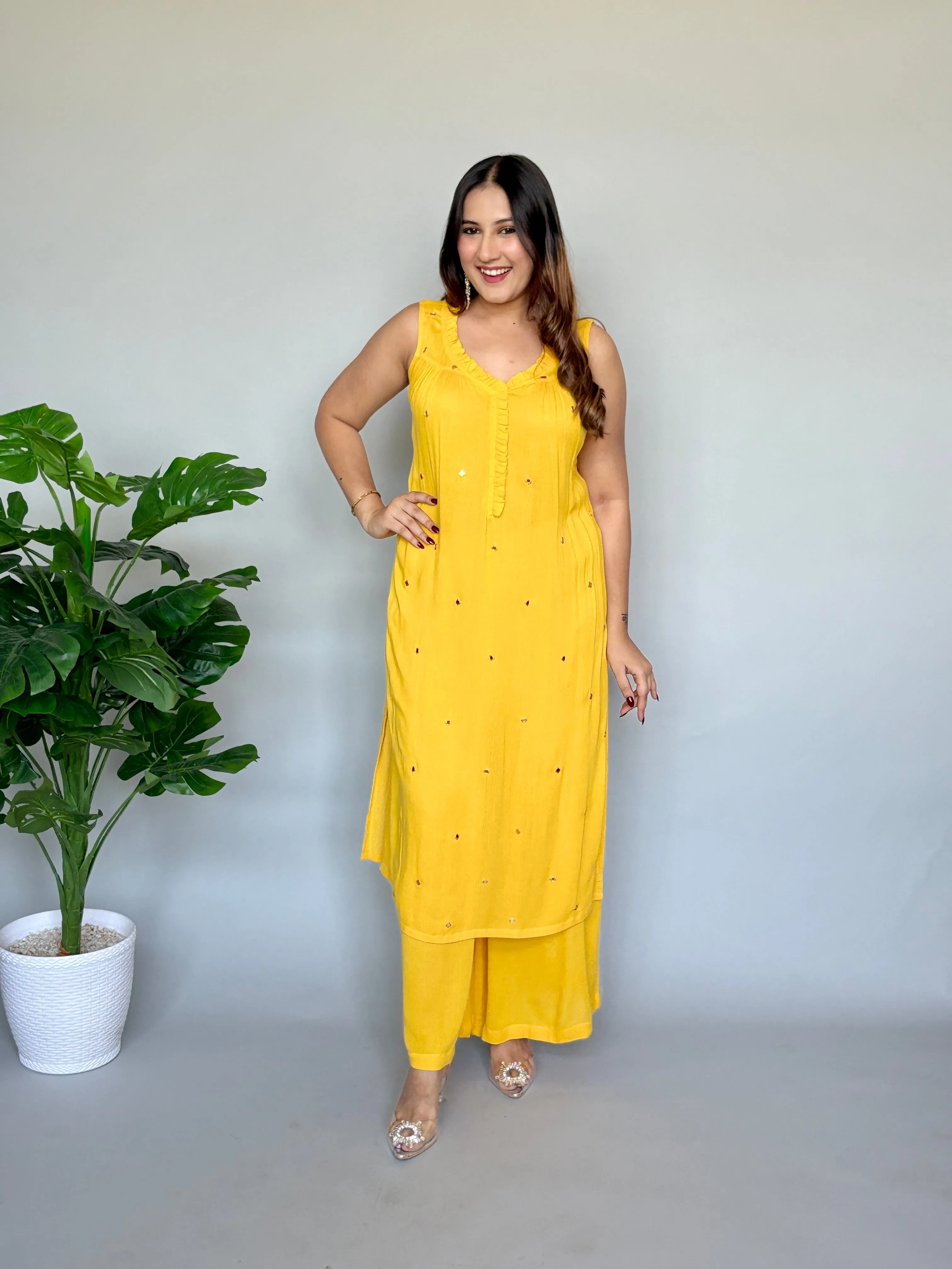 Yellow Co-ord Set with Mirror-work