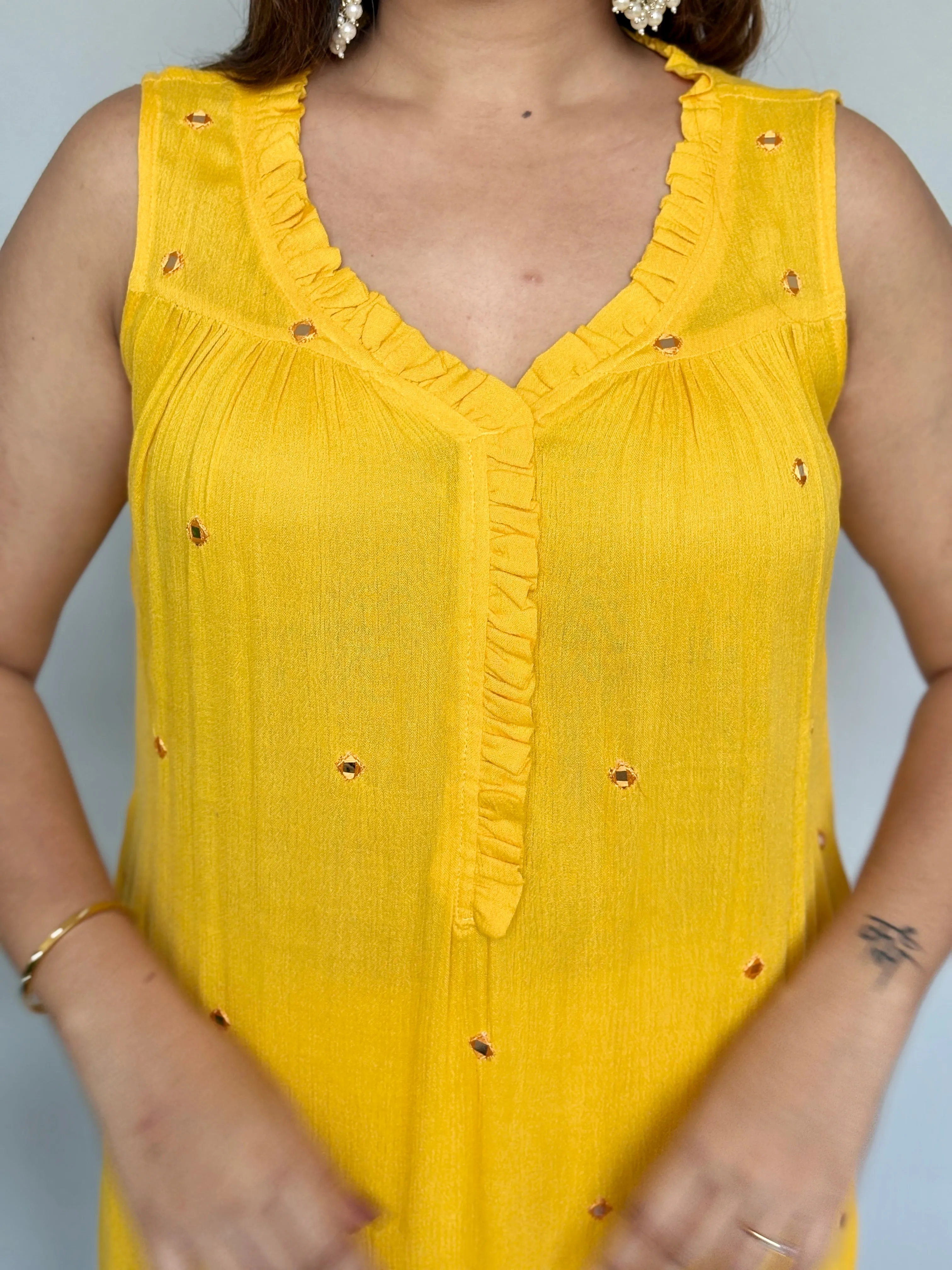 Yellow Co-ord Set with Mirror-work