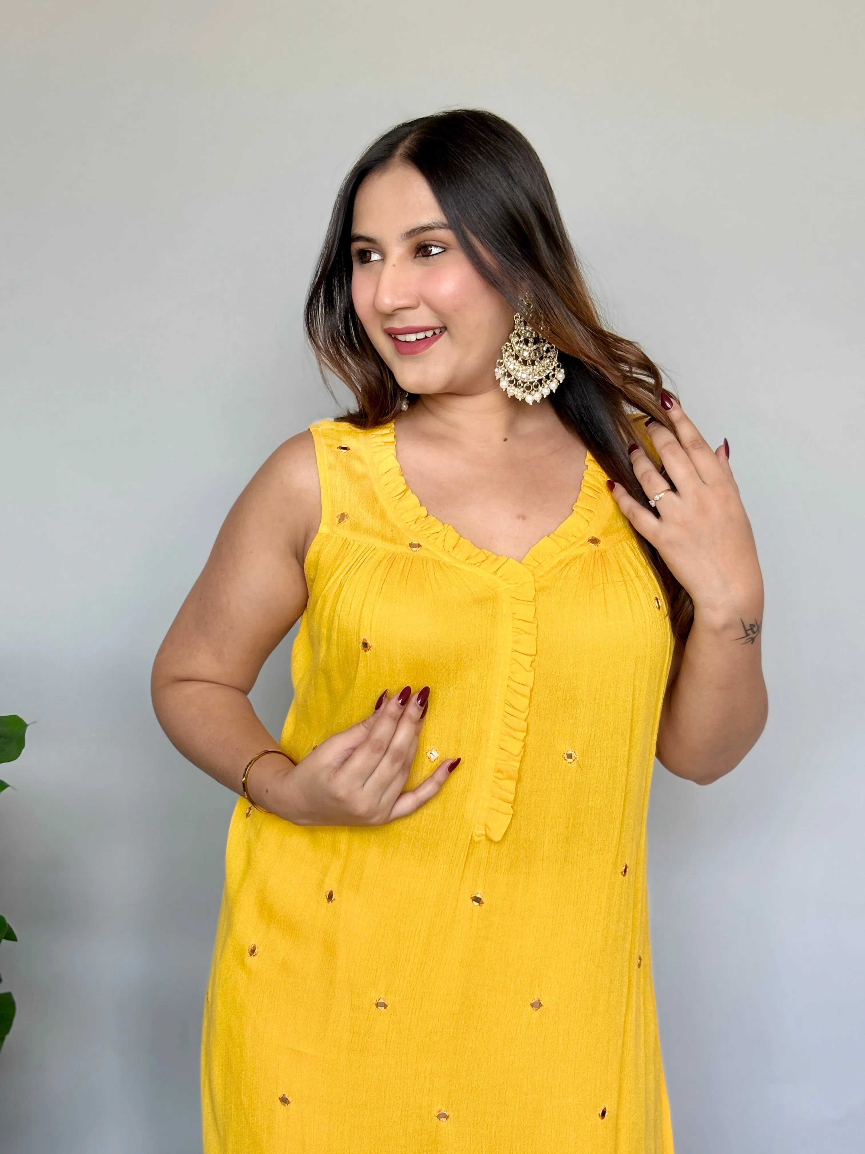Yellow Co-ord Set with Mirror-work